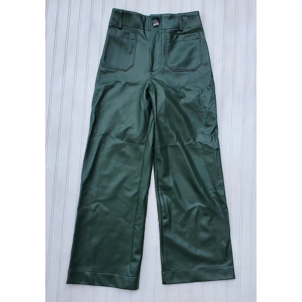Maeve by Anthropologie The Colette Faux Leather Wide Leg Pants Green 25